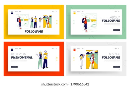 Follow Me Gesture Landing Page Template Set. Characters Outstretching Hand Smiling Woman Hold Hand First Person View. Man in Medical Mask Invite Travel by Airplane. Linear People Vector Illustration