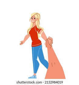 Follow Me Girlfriend Talking Boyfriend Vector. Young Girl Tourist Holding Boy Hand And Leading To Magnificent Famous Place. Characters Couple Relationship And Partnership Flat Cartoon Illustration