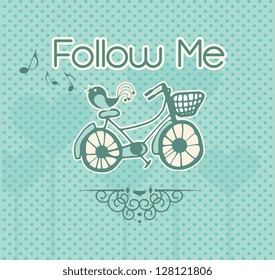 Follow Me, label with bird and bicycle. Vector illustration