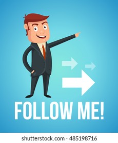 Follow me man character. Vector flat cartoon illustration