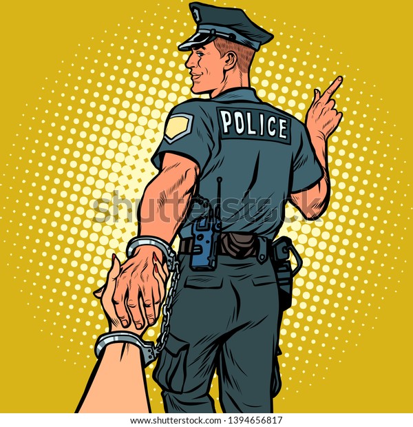 follow me\
police officer arrested woman. love and marriage concept. Pop art\
retro vector illustration kitsch\
vintage