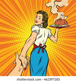 follow me, the restaurant and delicious homemade food pop art retro vector illustration. A housewife and a Turkey for Thanksgiving and Christmas