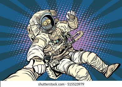 Follow me robot astronaut gesture okay, pop art retro vector illustration. Science fiction and robotics, space and science