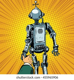 Follow me, the robot leads us forward pop art retro vector. Artificial intelligence civilization, technological revolution. Autopilot