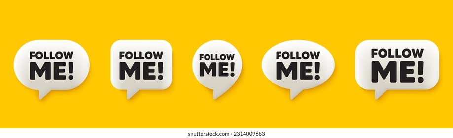 Follow me tag. 3d chat speech bubbles set. Special offer sign. Super offer symbol. Follow me talk speech message. Talk box infographics. Vector