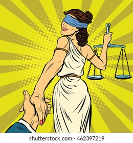 follow me, Themis leads to court, pop art retro vector illustration. Justice and law