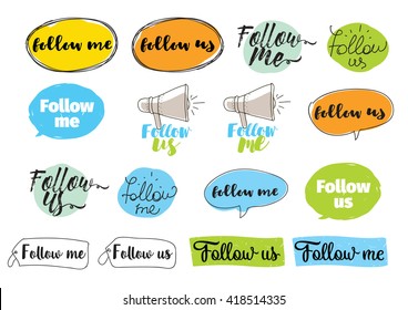 Follow me, follow us labels set for social networks. Vector typographic design.