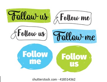 Follow me, follow us labels set for social networks. Vector typographic design.