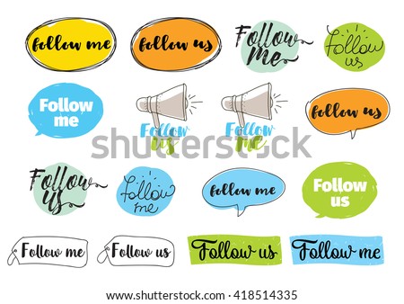 Follow me, follow us labels set for social networks. Vector typographic design.