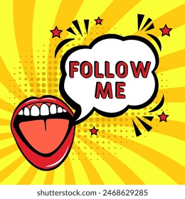 Seguir Vector Design with Cartoon, Comic Speech Bubble en estilo pop-art. Seguir me pop art comic style. Puede ser utilizado para los negocios, el marketing y la publicidad.