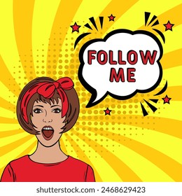 Seguir Vector Design with Cartoon, Comic Speech Bubble en estilo pop-art. Seguir me pop art comic style. Puede ser utilizado para los negocios, el marketing y la publicidad.
