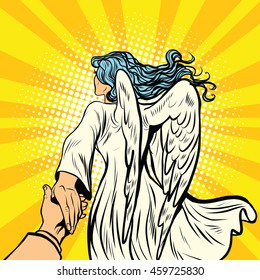 follow me, woman angel with wings. pop art retro comic book vector illustration. Religion and love