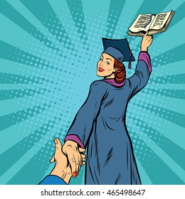 follow me, a woman student graduate knowledge education, pop art retro vector illustration