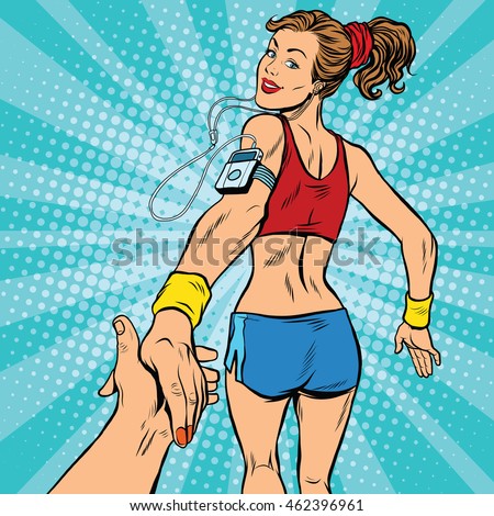 follow me, young woman running athlete pop art retro vector illustration. Sport and a healthy lifestyle