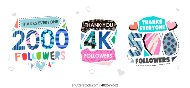  Follow Memphis Banner. Thank you followers label. Trendy geometric thanks retro Memphis card for social media networks.