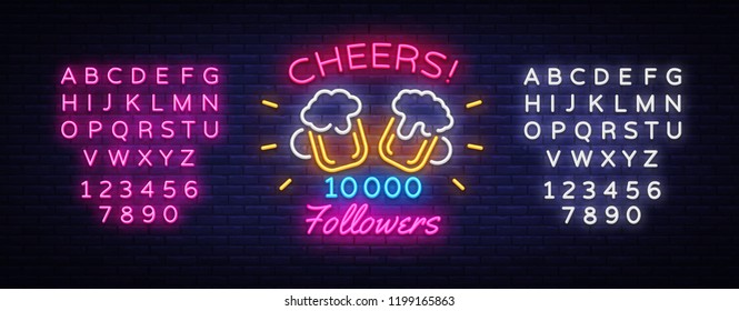 Follow Memphis neon sign vector. Cheers Party celebration Memphis card for social media Design template neon sign, light banner, neon signboard, light inscription. Vector. Editing text neon sign