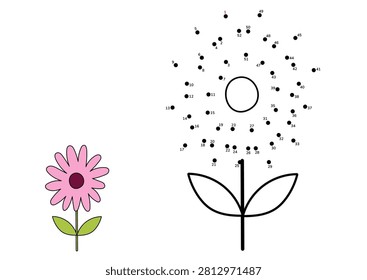 Follow the numbers and draw a blooming pink daisy step by step. Fun printable connect the dots game for preschool and kindergarten. Dot to dot vector illustration