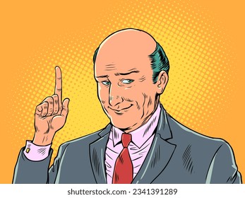 Follow the plan and then there will be success. Up the career ladder. Give advice. The businessman points up. Pop Art Retro Vector Illustration Kitsch Vintage 50s 60s Style