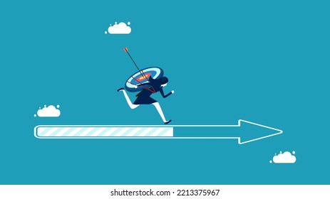 Follow progress goals. Businesswoman with a goal running on an arrow pointing forward