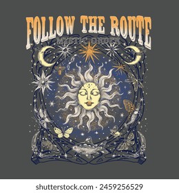 Follow the route.Retro 70's psychedelic hippie element illustration print with groovy slogan for man - woman graphic tee t shirt or sticker poster - Vector