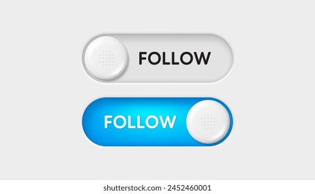 Seguir cambiar Botones. Diseño de interfaz de App móvil. Icono de cambio de modo de medios sociales. Botones de App en modo Suscribirse. Conmutar la interfaz del App. Seguir control deslizante mode. Ilustración vectorial