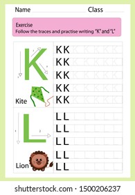 Follow the traces and practise writing K and L,vector