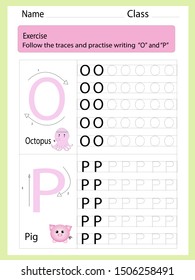 Follow the traces and practise writing O and P, vector