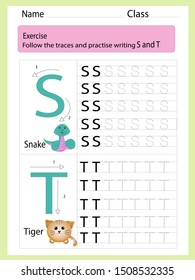 Follow the traces and practise writing s and t