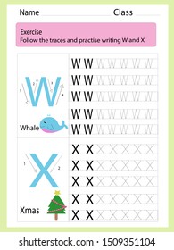 Follow the traces and practise writing w and x