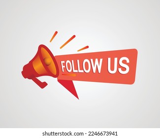 Follow us banner icon button with red megaphone vector symbol illustration