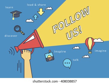 Follow us banner for social networks. Flat line contour illustration of human hand holds red megaphone with yellow speech bubble. Template design on blue background