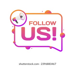 Síguenos burbuja. Plano, rojo, icono de altavoz, burbuja de voz, síganos. Icono de vector