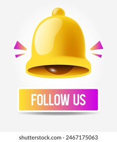 Follow us. Button and bell. Vector illustration isolated on a white background.