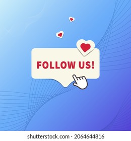 The FOLLOW US button is located on a blue background among the energy waves, with the index finger pressing on it. Vector illustration.