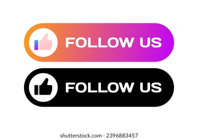 Follow us buttons. Different styles, red, thumbs up, follow us buttons for ui design. Vector icons