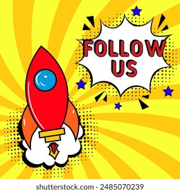 Follow us Comic pop-art style. Contest pop art comic style. Can be used for business, marketing and advertising.	