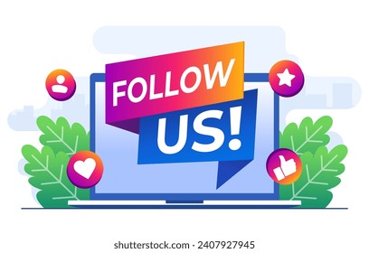 Follow us concept flat illustration vector template, Megaphone on laptop, Internet advertisement, Marketing, Social media promotion concept for web banner, landing page, mobile app, infographic