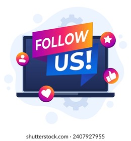 Follow us concept flat illustration vector template, Megaphone on laptop, Internet advertisement, Marketing, Social media promotion concept for web banner, landing page, mobile app, infographic