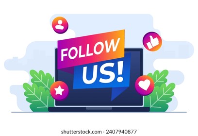 Follow us concept flat illustration vector template, Megaphone on laptop, Internet advertisement, Marketing, Social media promotion concept for web banner, landing page, mobile app, infographic