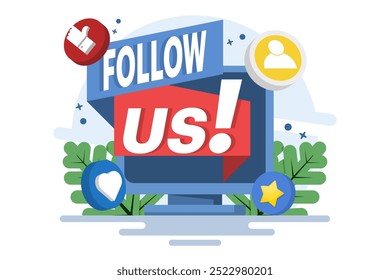 Follow Us concept, Internet Advertising, Marketing, About Us, Contact Us, Customer Support, Customer Service, Online Support, Help Desk concept. flat vector illustration on background.