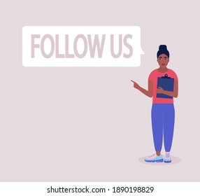 Síguenos. Icono del vector para la información del sitio web. Ilustración plana colorida
