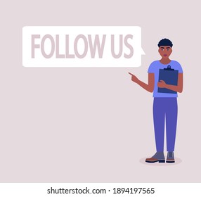 Síguenos. Icono del vector para la información del sitio web. Ilustración plana colorida