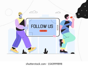 Follow us concept. Vector illustration of young and creative men holding a smartphone and shouting in loud speaker. Influencer marketing, social media or network promotion, SMM  banner, landing page.