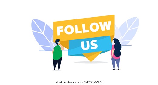 follow us in flat style design with people looking at follow us sign