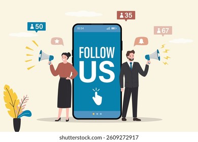 Follow Us, internet advertisement, people standing near mobile phone with shouting in loudspeakers. Influencer marketing, social media or network promotion. flat vector illustration