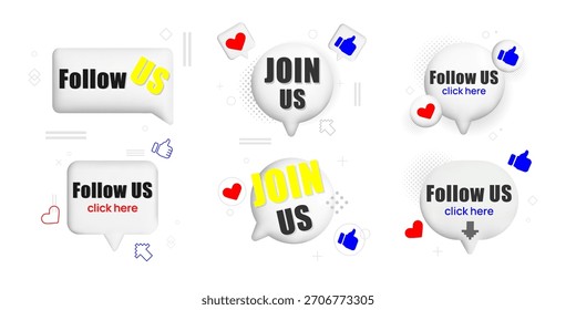 Follow Us and Join Us set, thumbs up and heart icons, designed for social media marketing, call to action banners, promo posts, digital ads, influencer branding, follower engagement, UI design.Vector