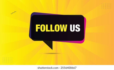 Follow Us label sticker vector illustration design with editable EPS format. Features pink, blue, and black gradient shapes on a yellow-orange background for a vibrant, modern art template design