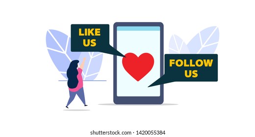 follow us and like us in flat style design with a woman jumping in front of mobile follow us sign