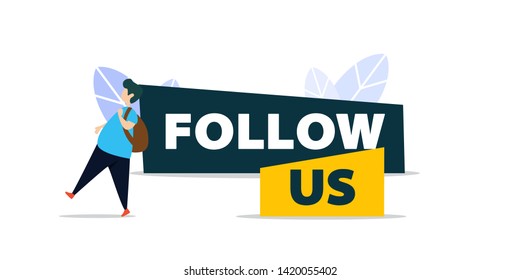 Follow Us And Like Us In Flat Style Design With A Man Walking At Follow Us Sign