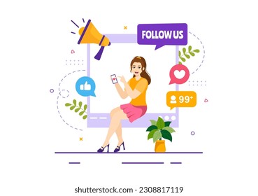 Follow Us and Like Vector Illustration for Internet Advertisement of a Social Media Users Following an Interesting Page in Hand Drawn Templates